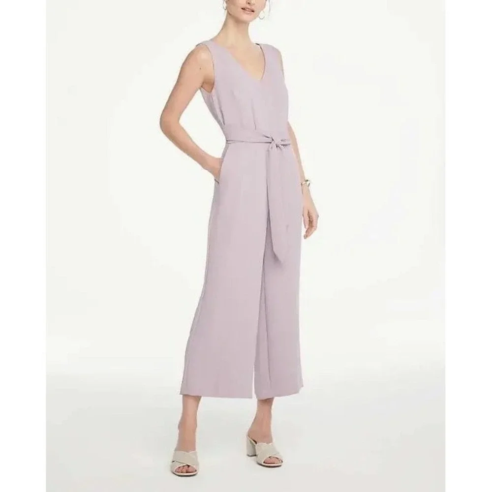 Ann Taylor Factory Lavender V-Neck Wide Leg Belted Jumpsuit Purple Size 10 boho
